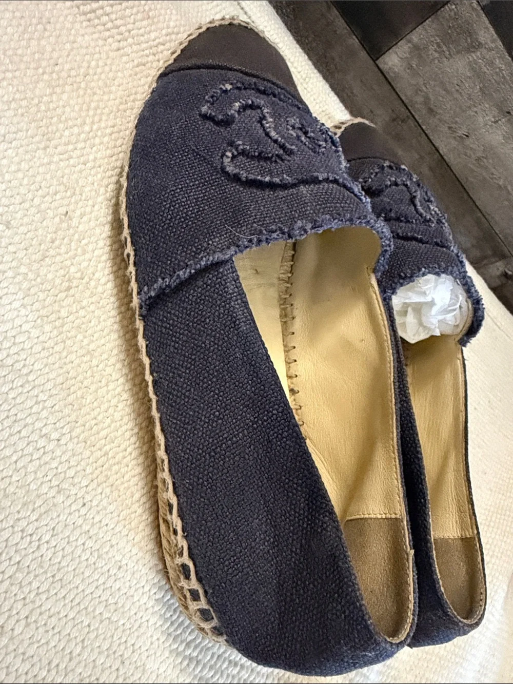 CHANEL Navy Canvas Espadrille Flats with Interlocking CC
